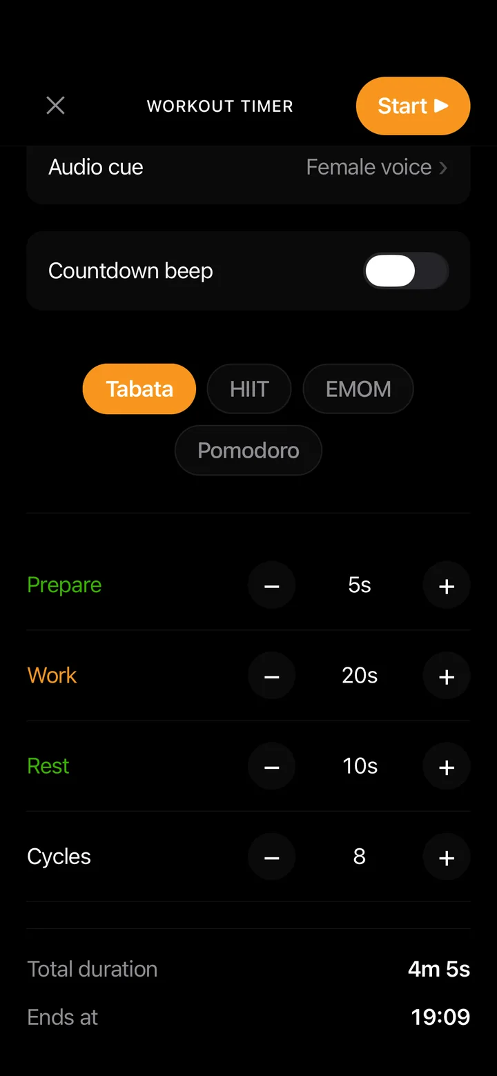 Workout timer setup with Tabata, HIIT, EMOM and Pomodoro